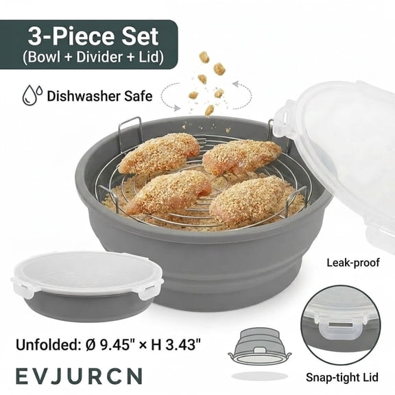 Evjurcn Collapsible Breading Bowl with Stainless Steel Tray  No-Leak Mess-Free Shaker for Chicken, Fish, Onion Rings  Silicone Batter Bowl with Lid, Dishwasher Safe, Space Saving