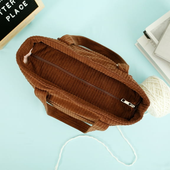 LINFANG Crochet Bag with Handles and Multiple Pockets Corduroy Yarn Bag Large Capacity Knitting Bag Wide Opening Crochet Bag Organizer Practical Crochet Storage Bag for Crocheting