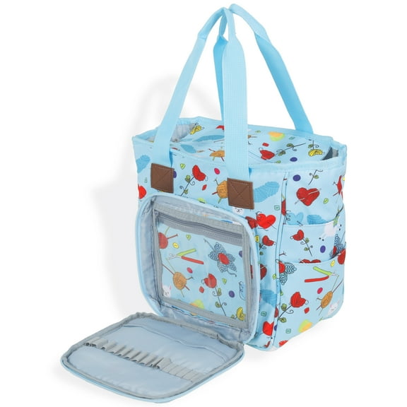 LINFANG Crochet Yarn Storage Bag Large Capacity Travel Knitting Bag Portable Oxford Cloth Wool Tote Organizer with Multi Pocket for Knitting Needle Crochet Hook