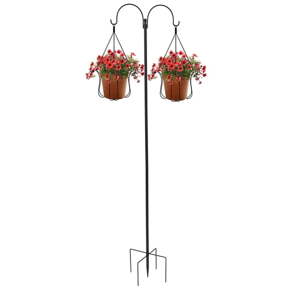 LINFANG Double Shepherds Hooks for Outdoor, Heavy Duty Bird Feeder Pole with 5 Base Prongs, Adjustable Garden Hanging Holder for Bird Feeders, Lanterns, Plant Hanger Stands, Weddings Decor