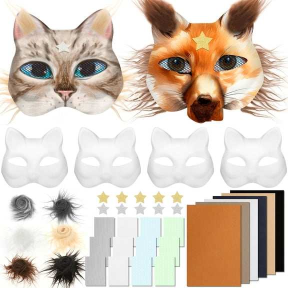 LINFANG Paper Cat Fox Mask Kit Increase Fun DIY Mask Art Craft Kit Stimulate Creativity Fox Facepiece Eye Catching for Theme Party