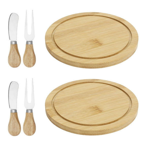 LINFANG Round Cheese Board Set Smooth Solid Bamboo Cheese Cutting Tool Set Beautiful Mini Board with Knives and Forks Bulk for Party