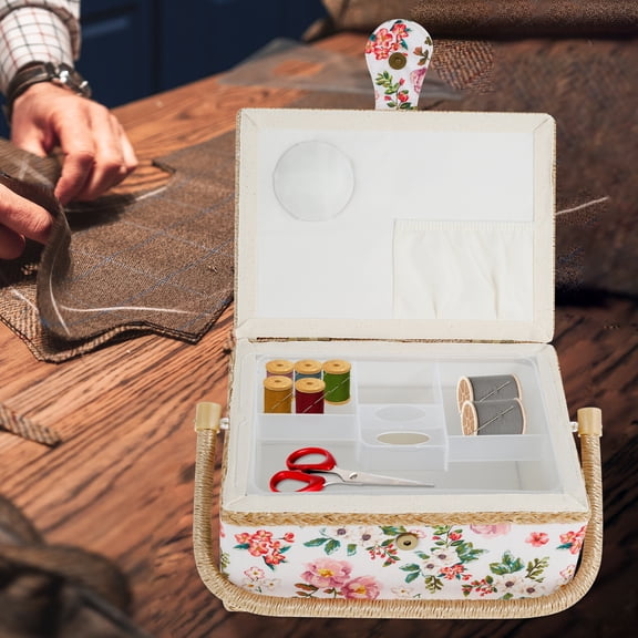 LINFANG Sewing Basket with Removable Tray Practical Sewing Basket Organizer with Interior Pocket Portable Sewing Storage Box Stylish Sewing Kit Basket for Needles Thread Tape Measure