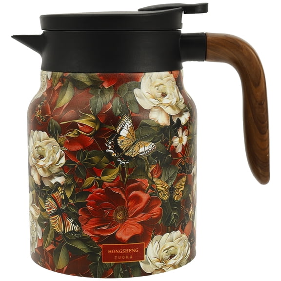 LINFANG Stainless Steel Insulated Tea Pot 1000 ml/33.82 oz Vintage Flower Pattern Tea Kettle with Wood Handle and Built In Infuser for Home Office