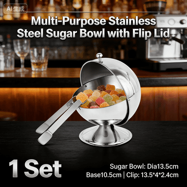 LINFANG Stainless Steel Sugar Bowl with Roll Top Spherical Candy Bowl Reusable Sugar Cube Jar with Clip for Home Kitchen Coffee Bar