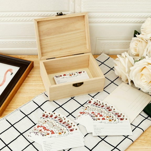 LINFANG Unique Advice and Wishes Box Decorative Wood Wedding Advice Card Box with 50 Pcs Card for Party Reception Bride and Groom