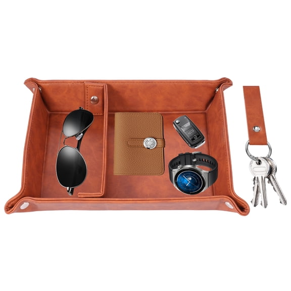 LINFANG Valet Tray PU Leather Catchall Tray with 2 Compartment and Keychain Multifunctional Nightstand Organizer for Home Entryway Office Desktop
