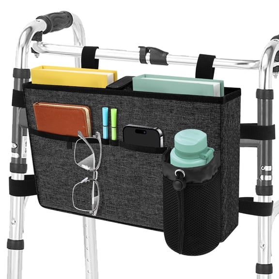 LINFANG Walker Bag Multi Pocket Folding Walker Basket Tote Bag with Cup Holder Release Hand Carry Pouch Storage Basket for Universal Walking Aid Large Capacity Organizer for Senior Elderly