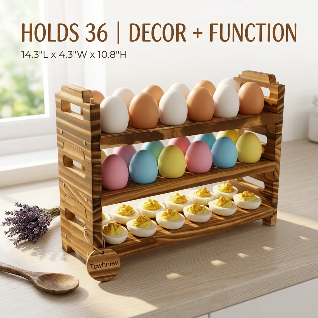 Tcwhniev Wooden Egg Holder 3 Tier Solid Stackable Eggs Collecting Rack Holding Up to 36 Fresh Egg for Kitchen Countertop Cabinet Fridge