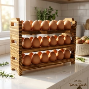 3 Tier Wooden Egg Holder for Countertop, Stackable Egg Storage Rack, Holds 36 Fresh Eggs, Farmhouse Kitchen Decor with Dual Handles