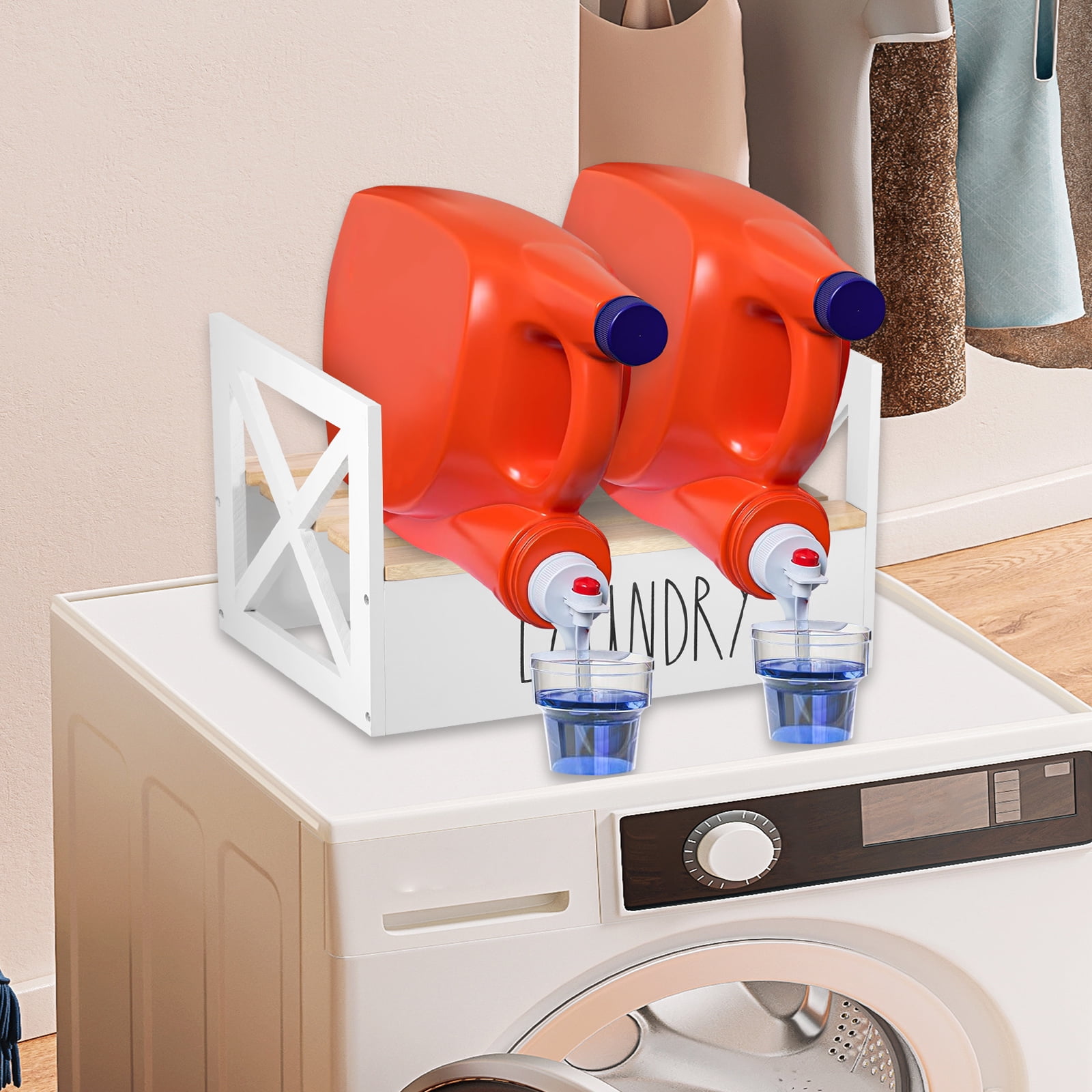 LINFANG Wooden Laundry Detergent Holder Easy Assembly Liquid Soap Storage Organizer Liquid Detergent Stand for Household Cleaning Supplies