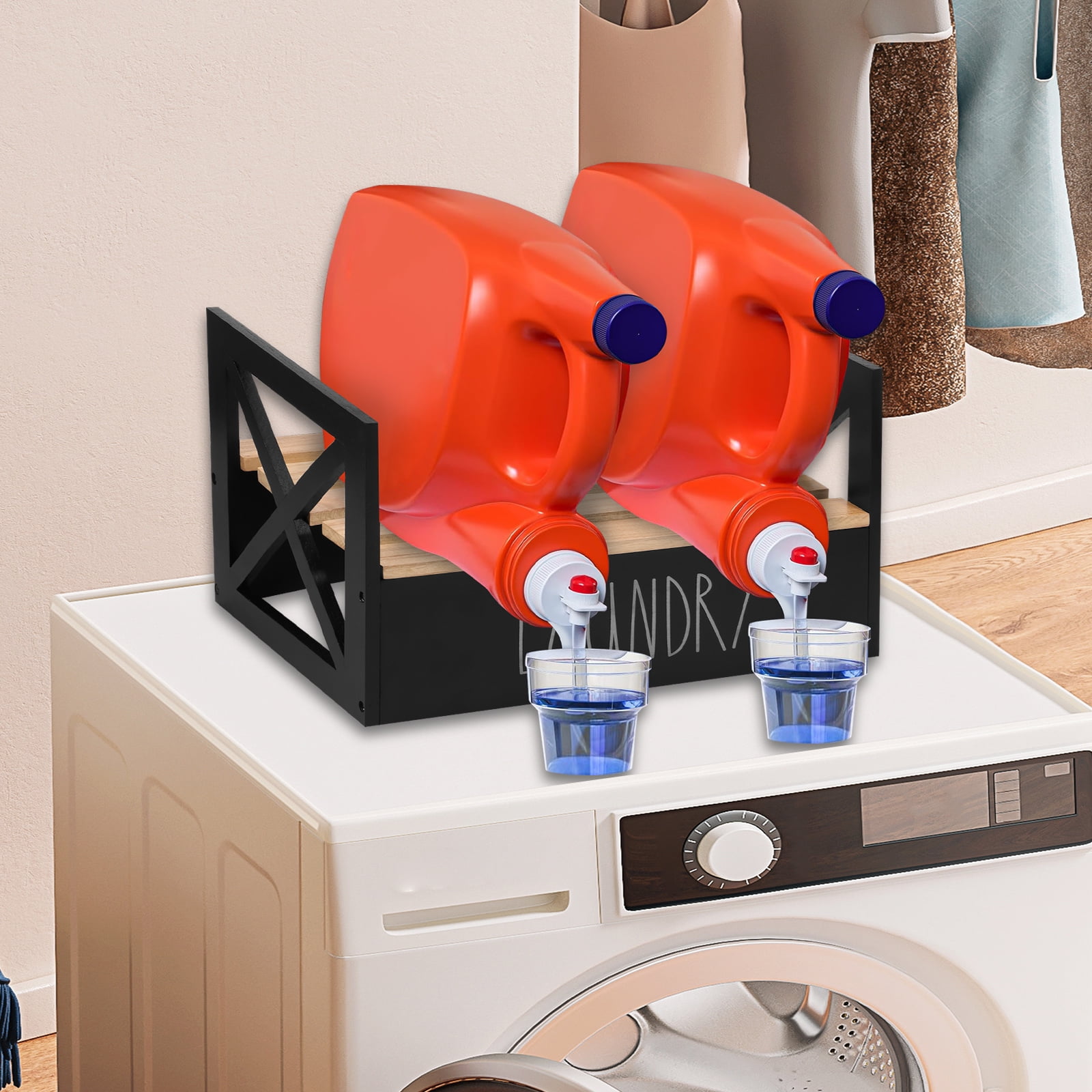LINFANG Wooden Laundry Detergent Holder Easy Assembly Liquid Soap Storage Organizer Liquid Detergent Stand for Household Cleaning Supplies