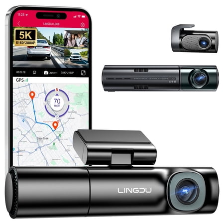 LINGDU 3 Channel Dash Cam, 5K Dashcam Front and Rear Inside, 5GHz WiFi GPS Dash Camera, 128GB eMMC, ADAS, Voice Control Night Vision G-Sensor, 24H Parking Mode, Loop Recording