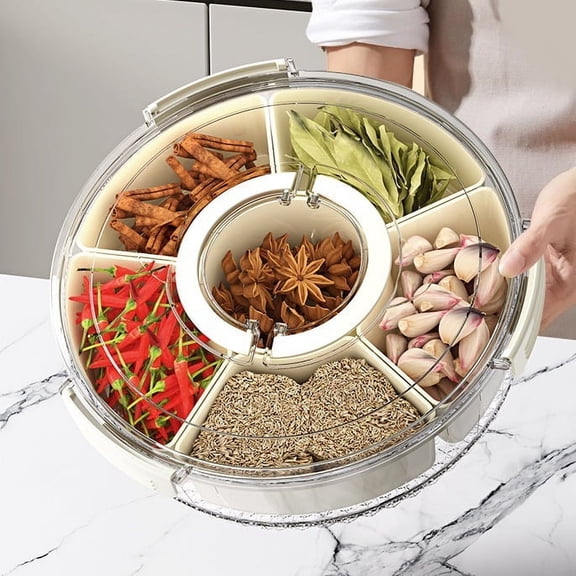 LINGJIA Divided Fruit and Snack Rotating Serving Tray with Lid and Handle Portable Snackle Box for Fruits Snacks Veggie Charcuterie Snack Spinner Organizer and Storage for Parties Picnics Camping