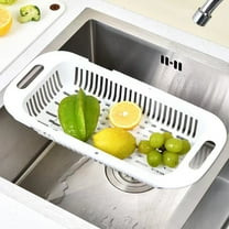LINGJIA Extendable Over the Sink Colander Fruits and Vegetables Drain Basket Adjustable Strainer Sink Washing Basket Dish Drying Rack for Kitchen Drain Cooked Pasta and Dry Dishes (Plastic White)