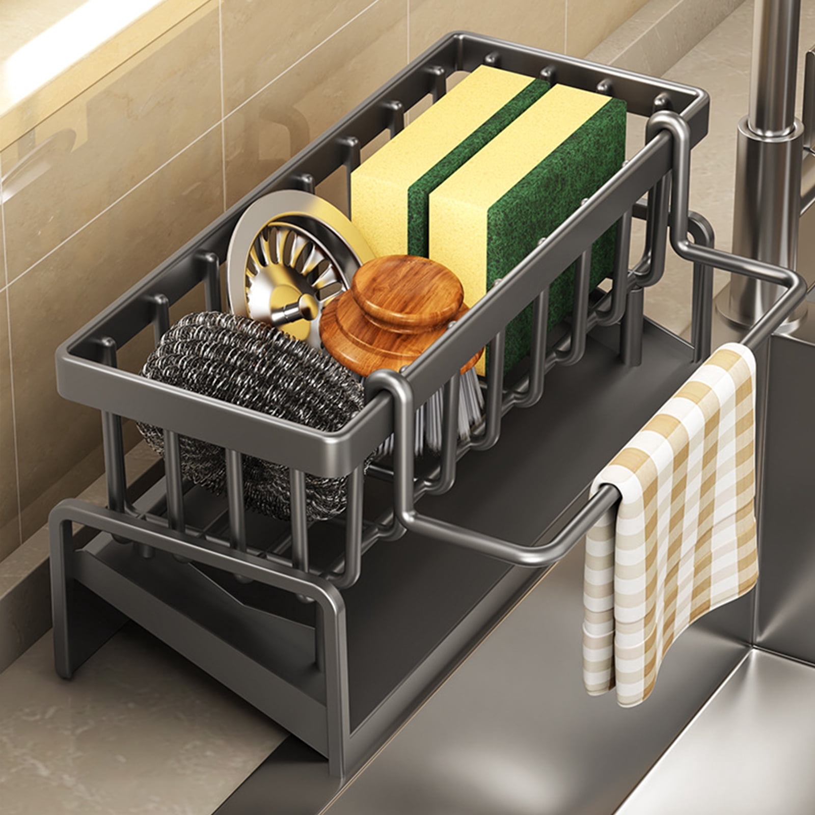 LINGJIA Kitchen Sink Caddy Organizer with Self-draining Tray Dish ...