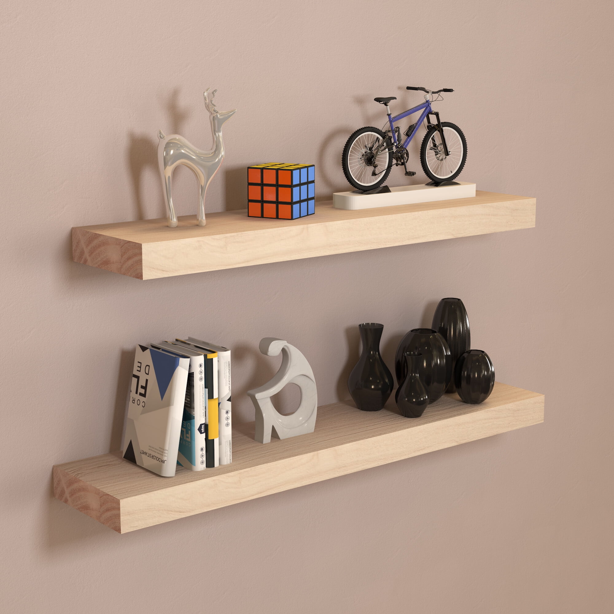Natural Wood 36" Floating Wall Shelves Set of 2