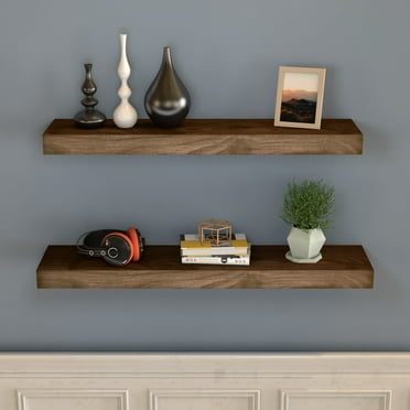LINGJIA Set of 2 Floating Shelves Handmade Wood Wall Shelf Solid Wood Rustic Shelves Wall-Mounted Walnut