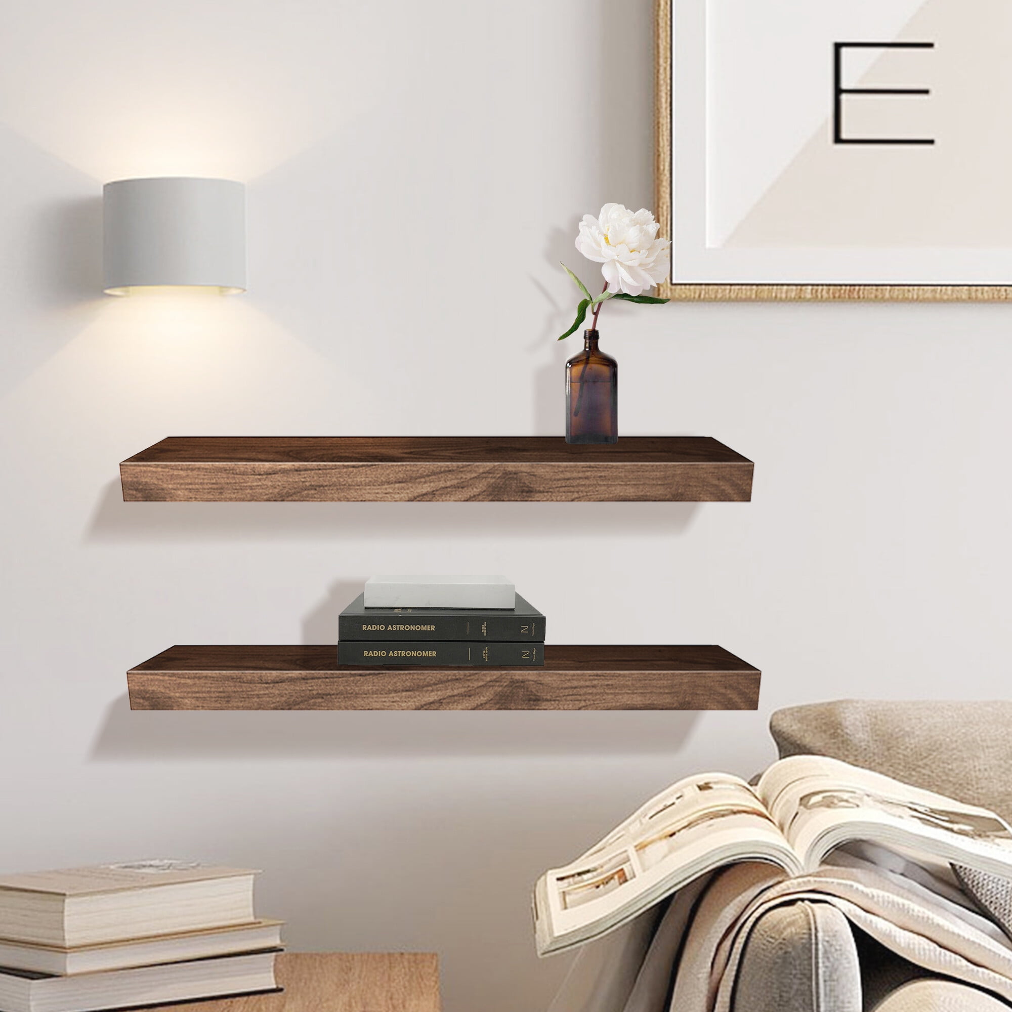 LINGJIA floating Wood Shelves Set of 2 - Rustic Shelf 24 inch - Wide Wooden Wall Shelves for Living Room Bedroom Kitchen Bathroom Farmhouse - Dark Walnut - 24" x 6.3"