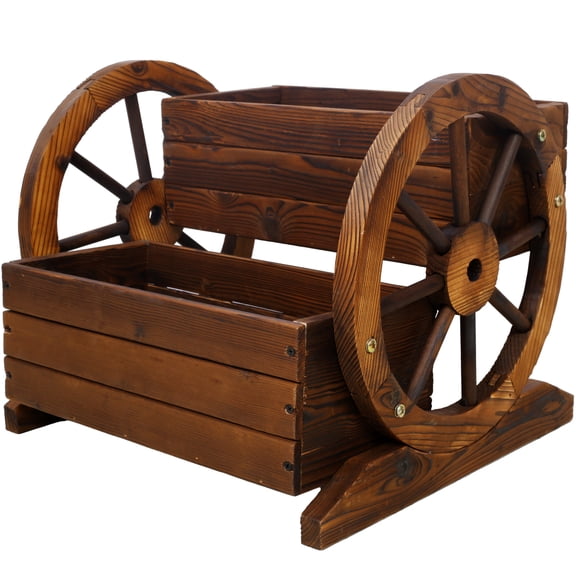 LINGKA Wooden Wagon Planter Box with Wheels Mobile Flower Herb Vegetable Planting Cart Indoor Outdoor Patio Garden Balcony Decor