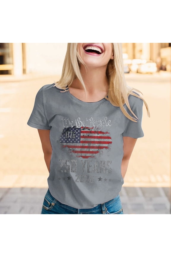 250th Anniversary USA 1776-2026 Shirt Women, Solid Crewneck 4th of July Shirts Letter Print, Patriotic Short Sleeve Casual Graphic Tee Tops