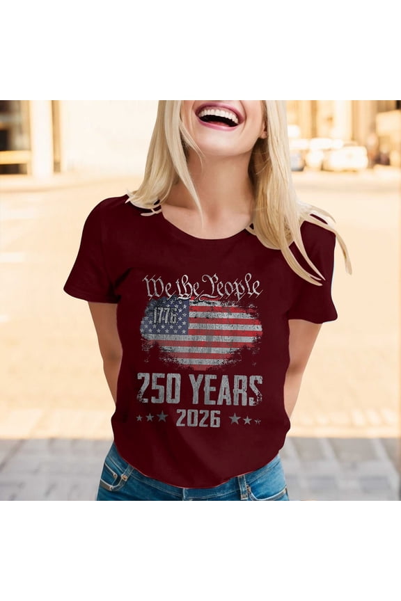 250th Anniversary USA 1776-2026 Shirt Women, Solid Crewneck 4th of July Shirts Letter Print, Patriotic Short Sleeve Casual Graphic Tee Tops
