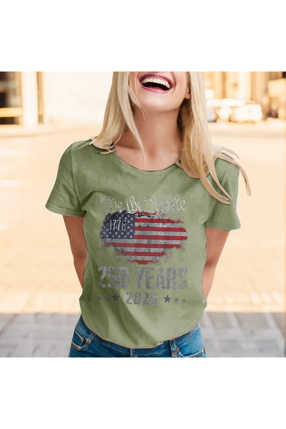 250th Anniversary USA 1776-2026 Shirt Women, Solid Crewneck 4th of July Shirts Letter Print, Patriotic Short Sleeve Casual Graphic Tee Tops