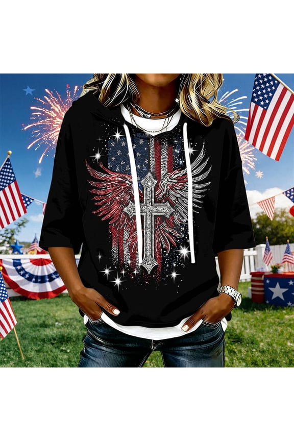 3/4 Sleeve Hoodie 4th of July Shirts for Women, 250th Anniversary USA 1776-2026 Hooded Shirt, Patriotic American Flag Graphic Tee Tops