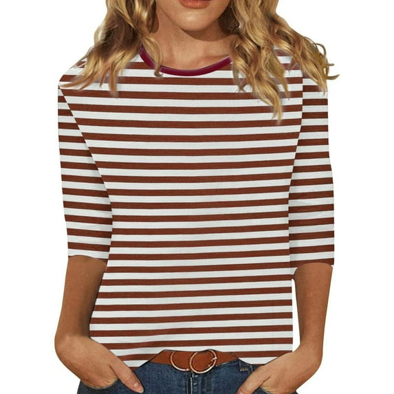 LINGLANG 3/4 Sleeve Shirts for Women Tops Summer Loose Fit Striped Crewneck Casual Tops Loose Work Blouses Business Fall Shirts