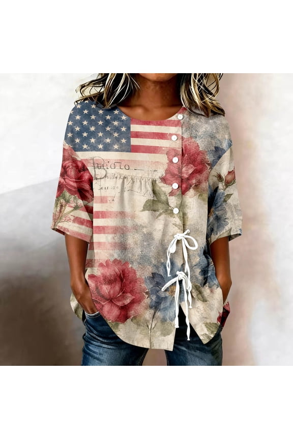 4th of July Shirts for Women, 250th Anniversary USA 1776-2026 Shirt Summer Casual Tie Knot Front Patriotic American Flag Graphic Tees Tops