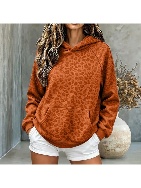 Cheetah Print Hoodies For Womens Leopard Print Long Sleeve Sweatshirt Front Pouch Pocket Banded Cuffs Relaxed Pullover Top