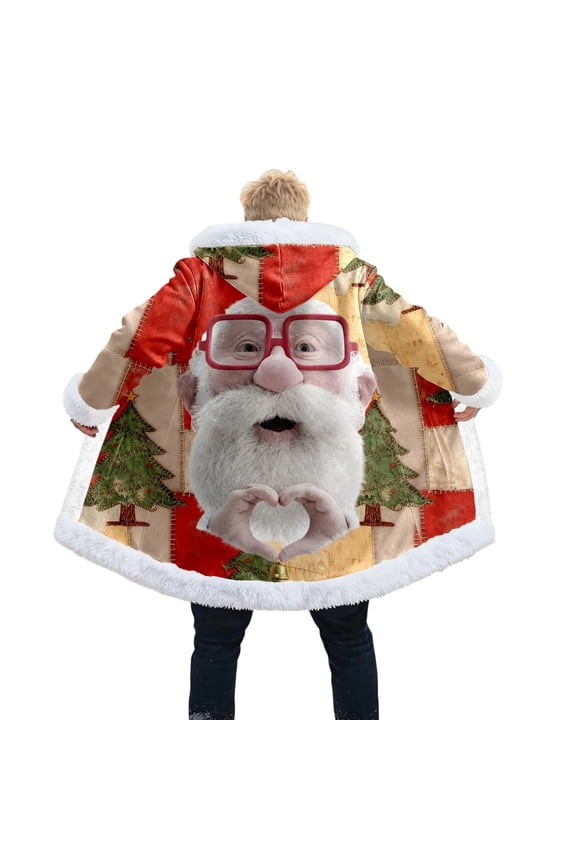 Christmas Long Cardigan Hoodies for Men Women Santa Claus Snowflake Print Furry Trim Coat Winter Warm Jacket with Pocket