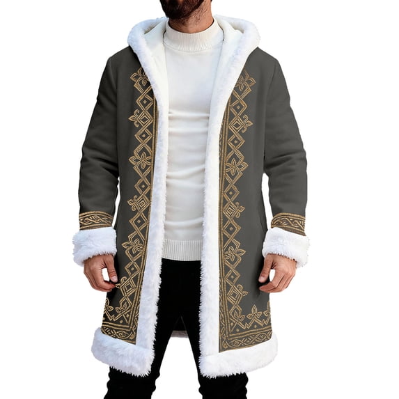 LINGLANG Christmas Men's Long Cardigan Hoodies Women Unisex Santa Claus Xmas White Trim Warm Hooded Coat with Pocket