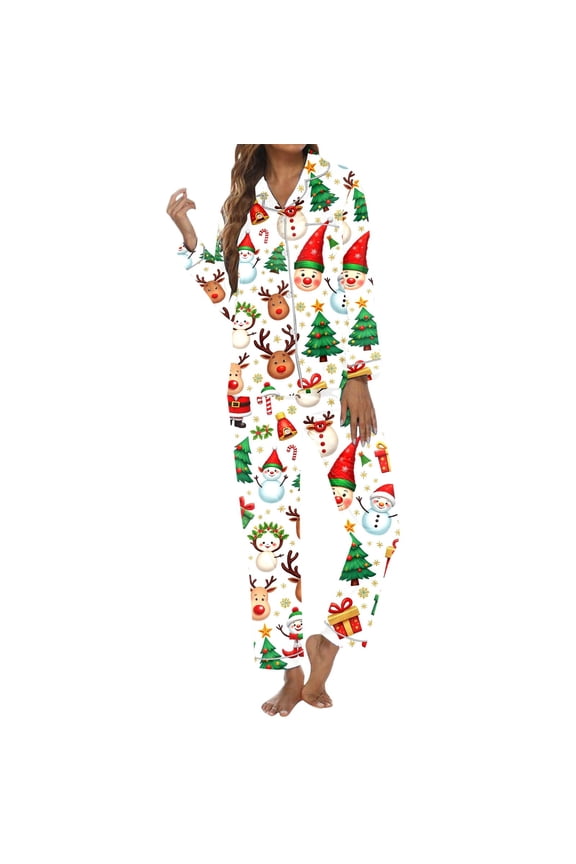 Christmas Pajamas For Women Set Print Long Sleeve Top With Lapel Pants Soft Comfortable Homewear Outfit Xmas Print Pjs Sleepwear Loungewear Nightwear Nightclothes Homewear