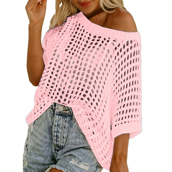 LINGLANG Crochet Tops for Women Summer Scoop Neck Short Sleeve Sweater Casual Crochet Hollow Out Knit Tops Pullover Shirts Beach Coverup