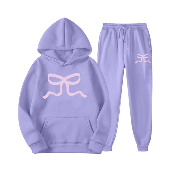 LINGLANG Fall Outfits For Women 2025 Dressy Casual Classic Bow Printed Hoodie Warm Set 2 Piece Set Casual Sweatsuit Lounge Set Matching Sets