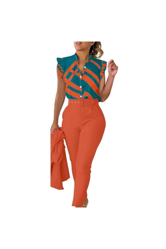Fall Outfits For Women 2025 Dressy Casual Casual Fashion Print Ruffle Sleeve Vest Shirt Blouse Betton Pant With Belt Set Suits Casual Sweatsuit Lounge Set Matching Sets