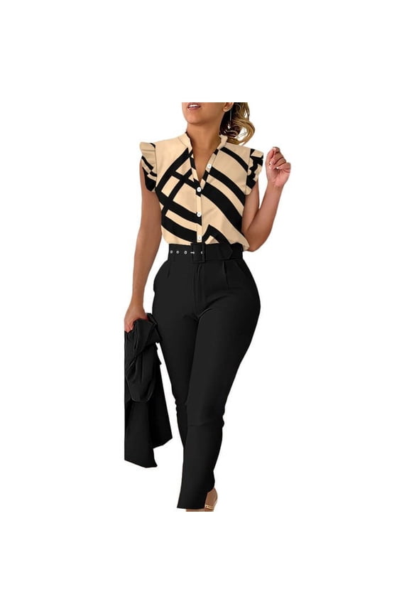 Fall Outfits For Women 2025 Dressy Casual Casual Fashion Print Ruffle Sleeve Vest Shirt Blouse Betton Pant With Belt Set Suits Casual Sweatsuit Lounge Set Matching Sets