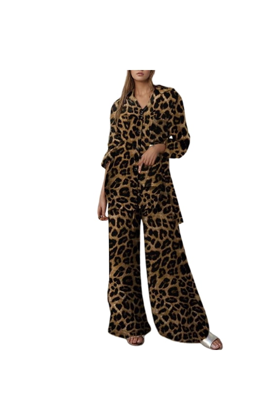 Fall Outfits For Women 2025 Dressy Casual Casual Leopard Print Trousers Loose Fit Blouse Top Pants Outfit Comfortable Stylish 2 Piece Casual Sweatsuit Lounge Set Matching Sets