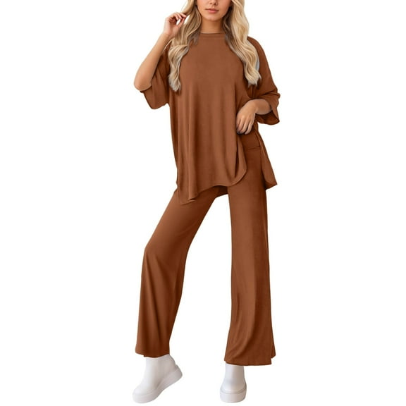 LINGLANG Fall Outfits For Women 2025 Sets Casual Tracksuit Set Short Sleeve Pullover Top With Wide Leg Pants Loungewear Outfit Everyday Wear And Casual Sweatsuit Lounge Set Matching Sets