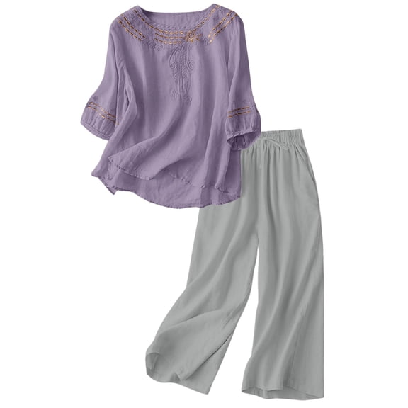 LINGLANG Fall Outfits For Women 2025 Sets Linen Embroidered Casual Suit Set Short Sleeve Top Wide Leg Pants 2 Piece Outfit Comfortable Summer Trousers Casual Sweatsuit Lounge Set Matching Sets