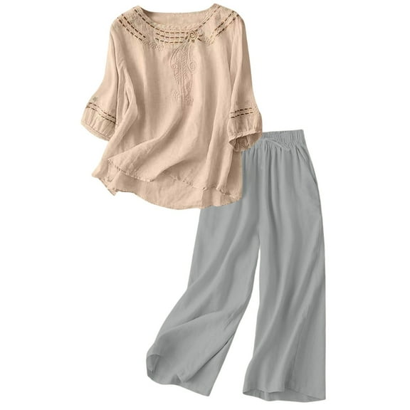 LINGLANG Fall Outfits For Women 2025 Sets Linen Embroidered Casual Suit Set Short Sleeve Top Wide Leg Pants 2 Piece Outfit Comfortable Summer Trousers Casual Sweatsuit Lounge Set Matching Sets