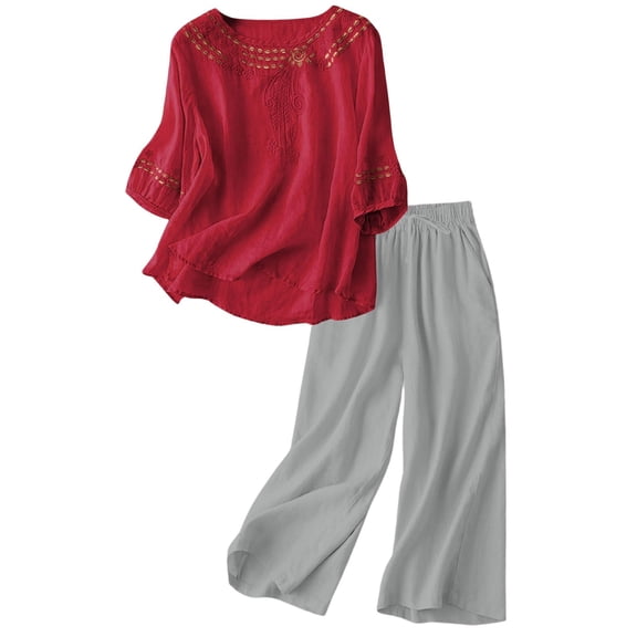LINGLANG Fall Outfits For Women 2025 Sets Linen Embroidered Casual Suit Set Short Sleeve Top Wide Leg Pants 2 Piece Outfit Comfortable Summer Trousers Casual Sweatsuit Lounge Set Matching Sets