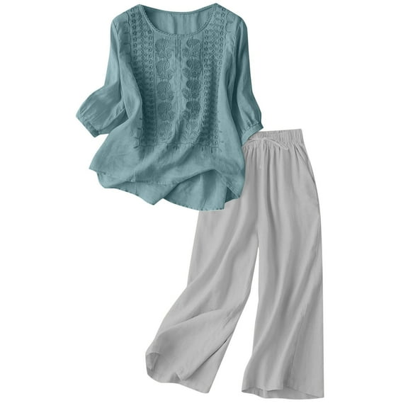 LINGLANG Fall Outfits For Women 2025 Sets Linen Embroidered Top Wide Leg Pants Set Casual Summer Outfit 2 Piece Suit Daily Casual Sweatsuit Lounge Set Matching Sets