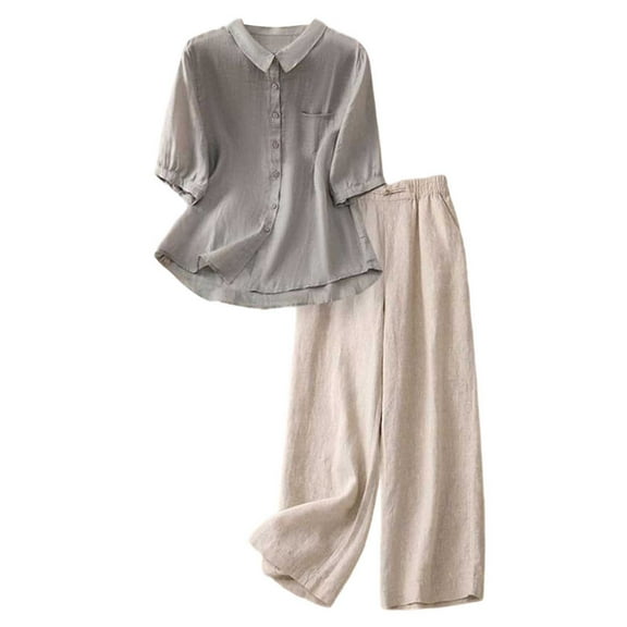 LINGLANG Fall Outfits For Women 2025 Sets Summer Fall 2025 3/4 Sleeve Embroidered Capri Pants Linen Matching Set Casual Sweatsuit Lounge Set Matching Sets