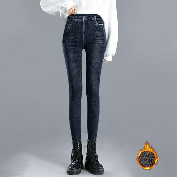 LINGLANG Fleece Lined Leggings Women Tights Elastic Waist High Elastic Imitation Denim Pocket High Waist Fleece Tight Thick Thermal Winter Warm Workout Yoga Pants