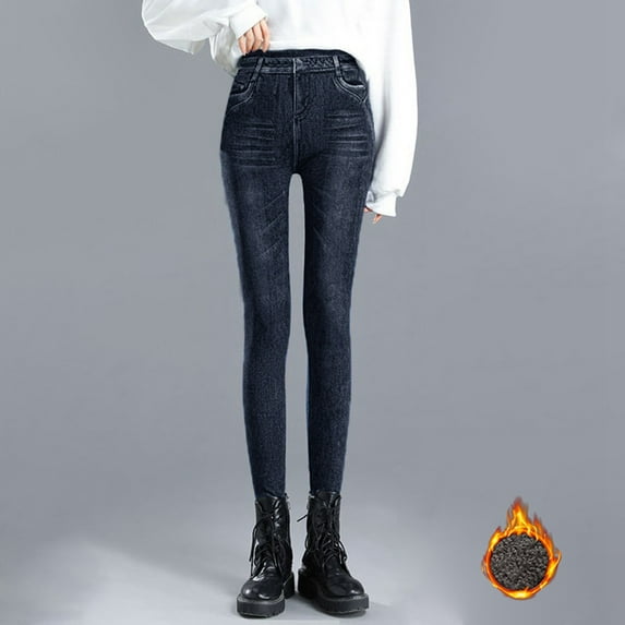 LINGLANG Lined Leggings Women Tights Elastic Waist High Elastic Imitation Denim Pocket High Waist Tight Thick Thermal Winter Warm Workout Yoga Pants