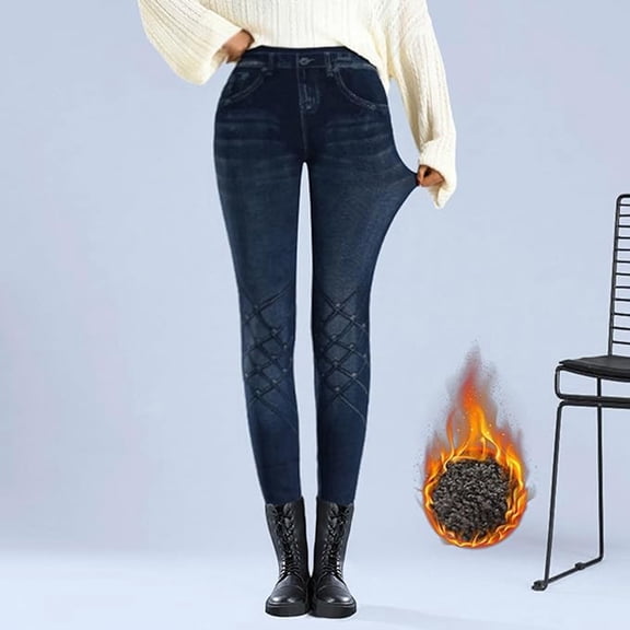 LINGLANG Fleece-Lined Leggings For Women Tights Fall Velvet Imitation Denim Pencil High Waist Versatile Slimming Tights High Elastic Thick Thermal Winter Warm Workout Yoga Pants