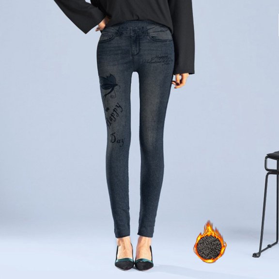 LINGLANG Fleece-Lined Leggings For Women Tights Letter Print Velvet Imitation Denim High Waist High Elastic Tight Thick Thermal Winter Warm Workout Yoga Pants