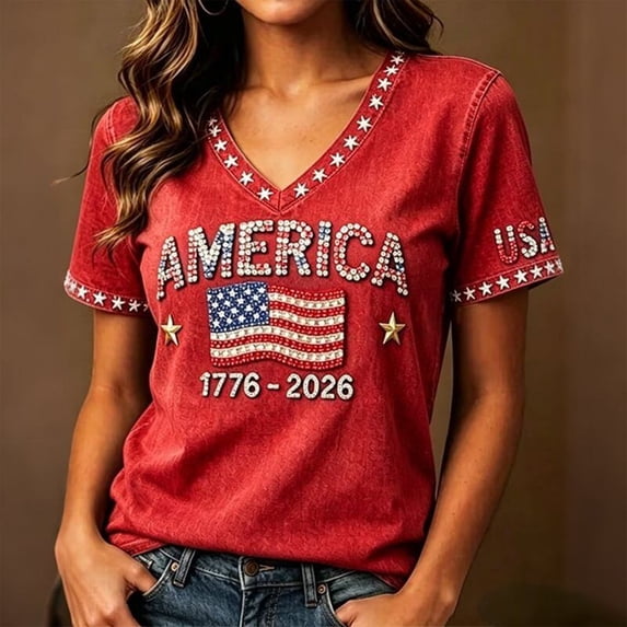 LINGLANG Fourth of July Shirts for Women, Patriotic American Flag V Neck T Shirt Summer Casual July 4th USA 250th Anniversary Graphic Tee Tops